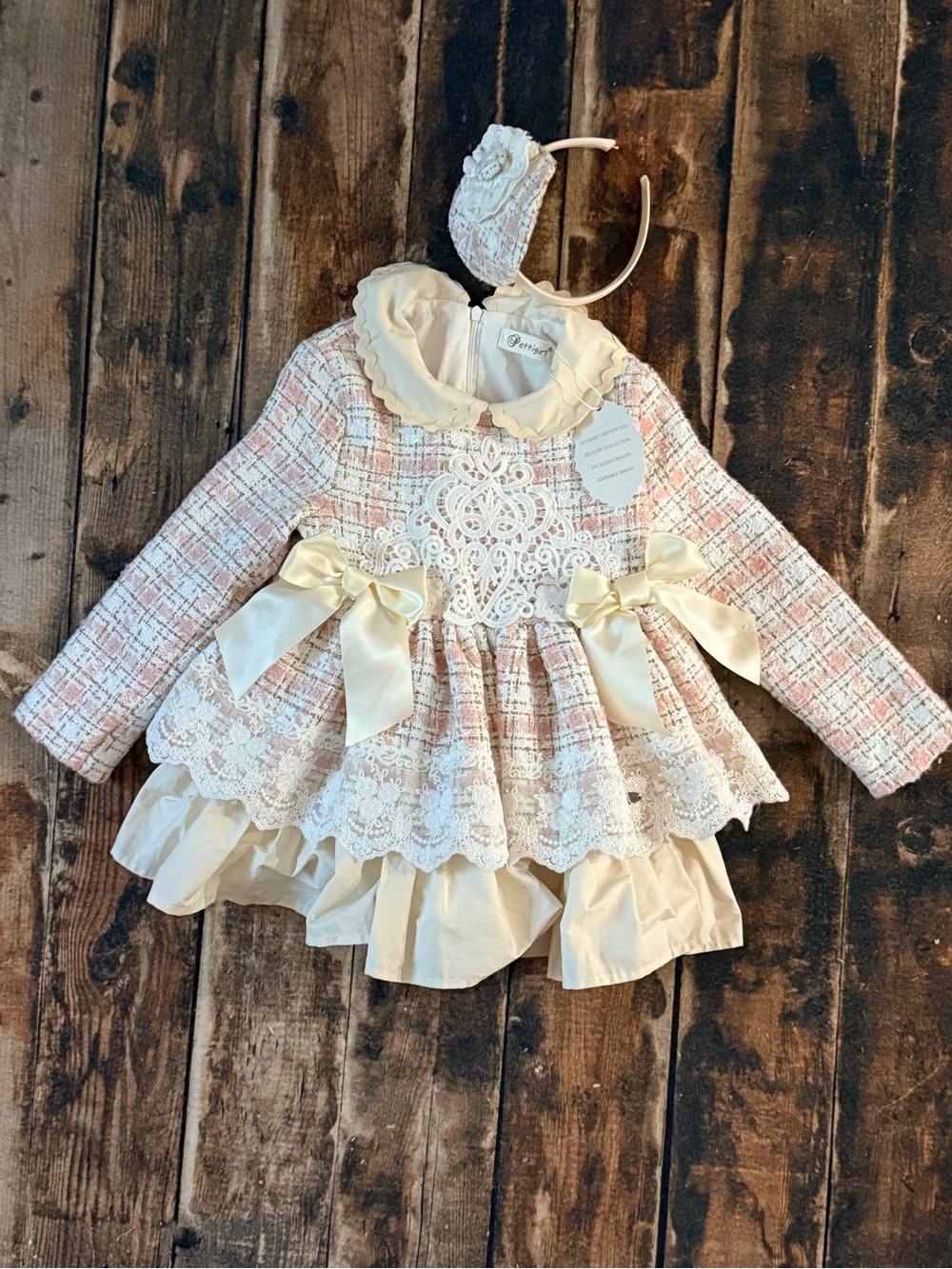 Pettigirl Pink Tweed & Cream Lace Dress with Bows and headpiece NWT